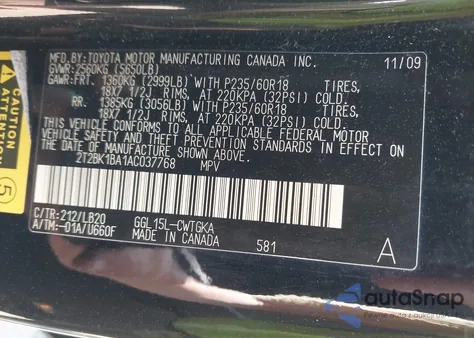 2010 Lexus Rx 350 из США, поврежденный, VIN 2T2BK1BA1AC037768